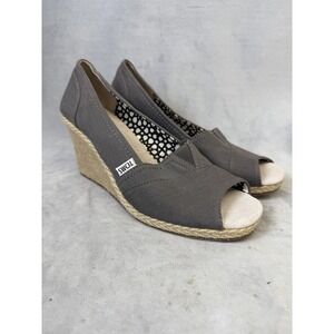 TOMS Wedge Shoes Womens Size 10 Gray Peep Toe Espadrille Canvas Slip On Heels